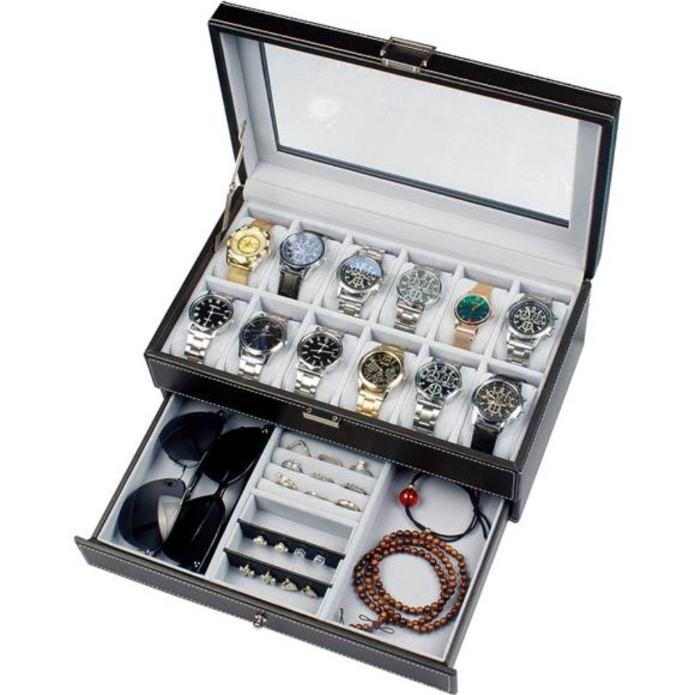 Watch Box 12 Slot Watch Display Organizer Leather Jewelry Case Drawer Glass
